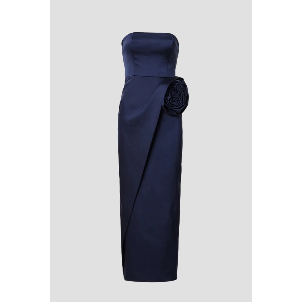 B35 Ronny Kobo Pradova Midi Dress XS Navy Blue Strapless Rosette Slit Cocktail - Picture 4 of 13